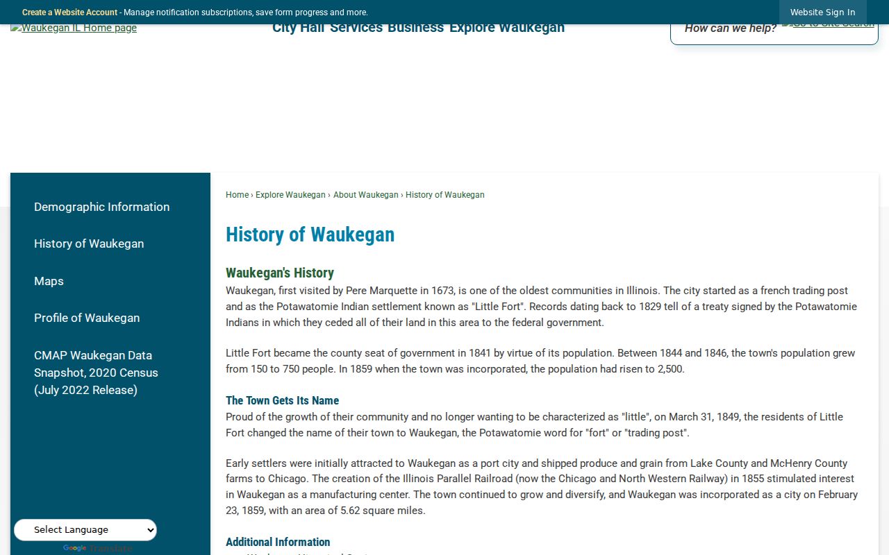 Official Waukegan history page about Little Fort and city growth