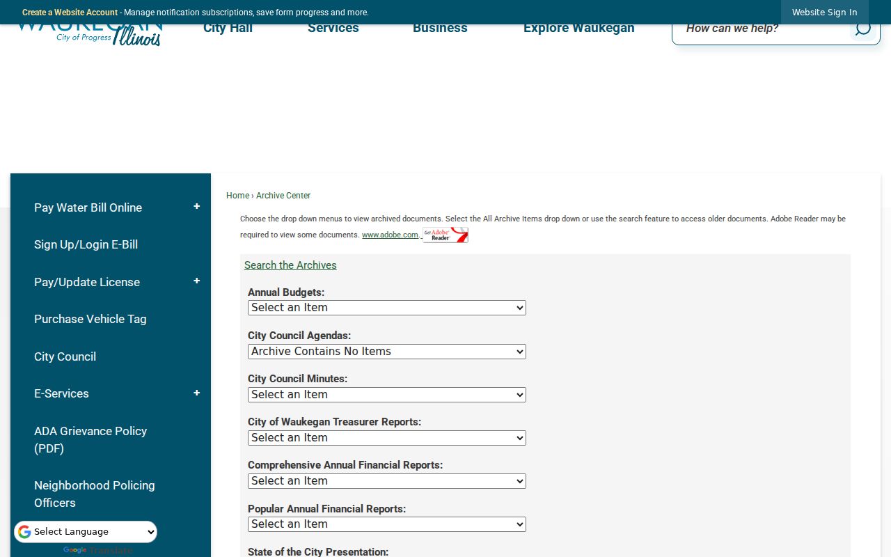 Waukegan Archive Center search page