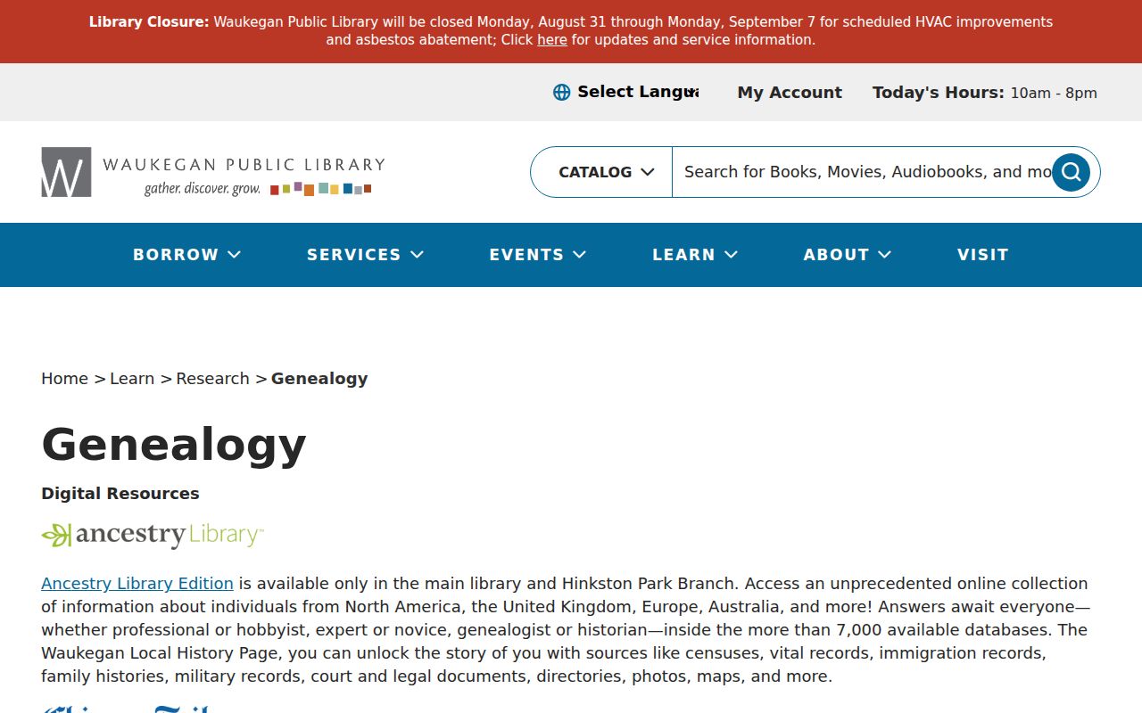 Waukegan Public Library genealogy and obituary resources